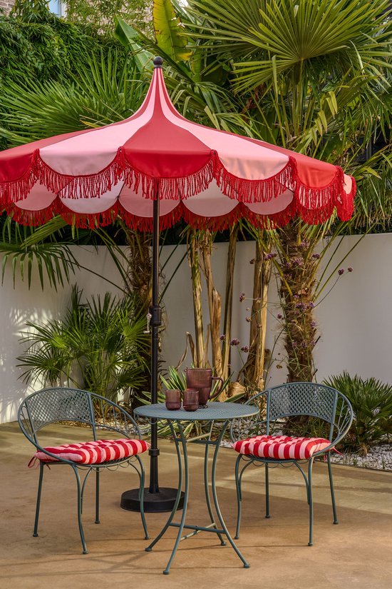 Mica Decorations Kim – Gestreifter Sonnenschirm mit Tragetasche – Stabsonnenschirm 238 x Ø 235 cm – Garten- oder Balkonsonnenschirm – Polyester, Stahl – Rot