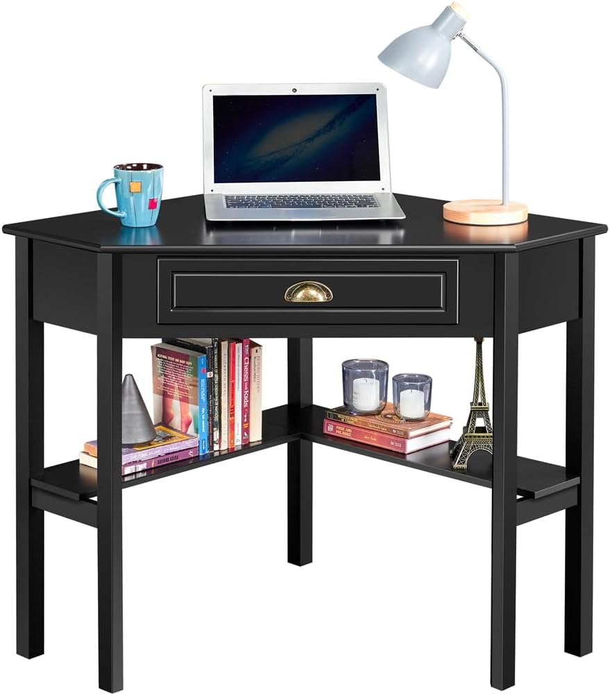 Yaheetech Eckschreibtisch 106 × 71,5 × 77 cm – mit Schublade und Einlegeböden, schwarz
