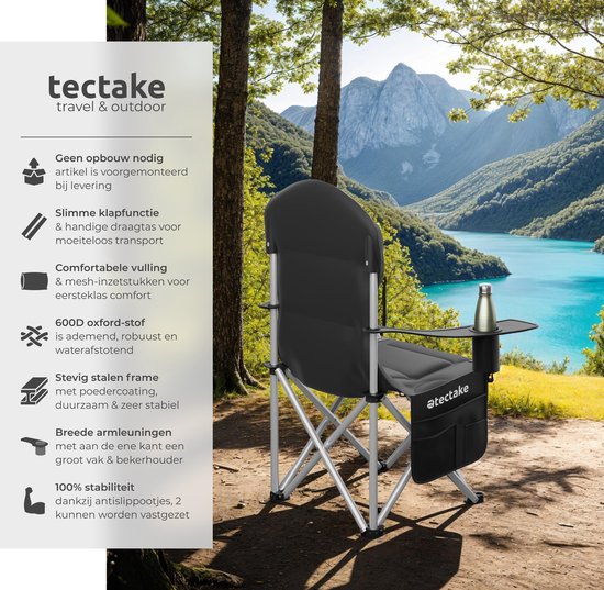 Tectake - gepolsterter Campingstuhl - Inklusive Becherhalter, Staufach und Tragetasche - Glamping-Stuhl - schwarz