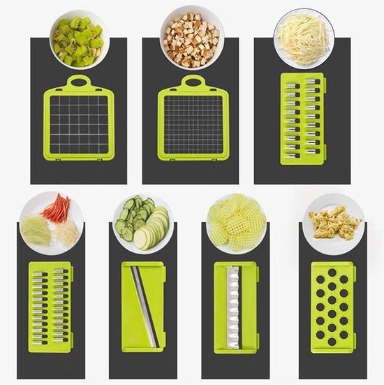 Gemüseschneider – Slicer-Dicer – Gemüsehacker – Mandoline – Gemüseschneider – inkl. 7 Klingen – inkl. Schälmesser – Käsereibe – inkl. Eiertrenner – Allesschneider –