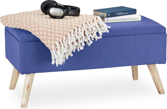Bank mit Stauraum - 39,5 x 79,5 x 39,5 cm - Kissen - Holzbeine - Flurbank - blau