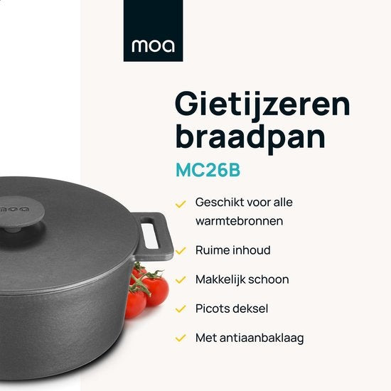 MOA Gusseisen-Kasserolle - Fassungsvermögen 4,75 Liter - 26CM - Rund - Alle Wärmequellen - Auch für Induktion - Gewicht 5,8 kg - Schwarz - MOAMC26B
