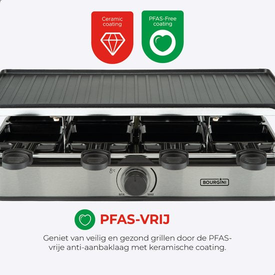 Bourgini Gourmet Raclette Pure - Gourmet-Set mit wendbarer Grill- und Backplatte - Raclette 8 Personen - 21x42 cm - PFAS-freie Beschichtung - Einstellbarer Thermostat - inkl. 8 Spachteln und Pfännchen