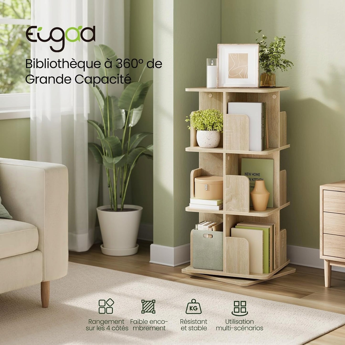 Eugad Drehbares Bücherregal 360° – Helles Eichenholz – 40 x 94,5 x 40 cm