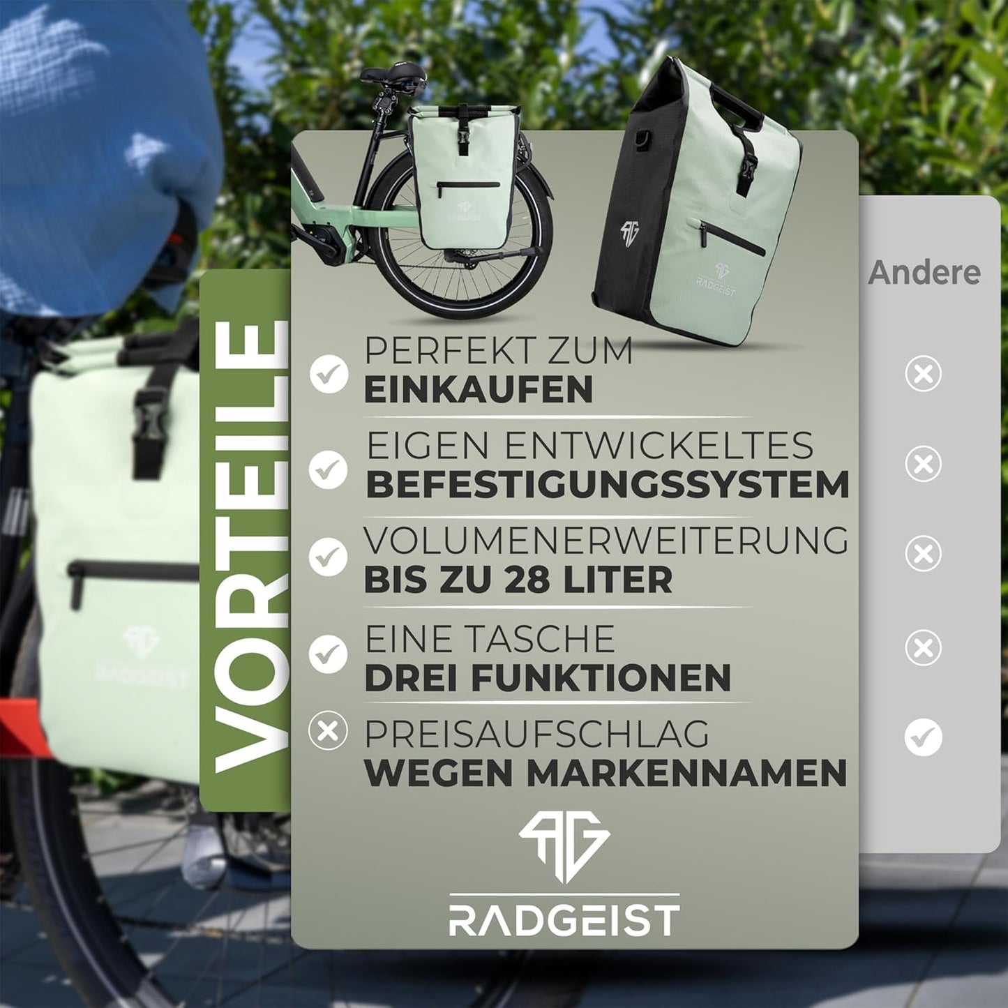 RADGEIST Fahrradtasche für Gepäckträger I Fahrradtasche Shopper mit herausnehmbarer Kühltasche I Einkaufstasche & Einkaufstasche 22-28 Liter - grün