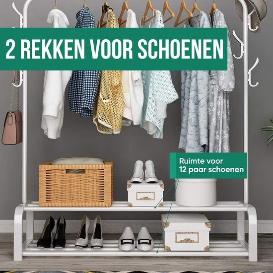 Avalo Industrial Clothes Rack - Metall - 110x33x150 CM - Weiß - Lagerung für Schuhe - Garderobe Rack mit Haken