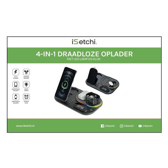 iSetchi Wireless Qi Charger 15 Watt Schnellladegerät (4-in-1) - Mit Quick Charge 3.0 Adapter, LED Uhr & LED Lampe - Qi Ladestation