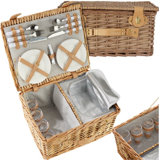 tectake - komplettes Picknickkorb-Set Terschelling - Luxuriöses 21-teiliges Picknick-Set für 2 Personen - Picknickkorb aus Weidengeflecht - Inklusive Kühlbox, Set mit Tellern, Weingläsern aus Kunststoff und Besteck aus Edelstahl