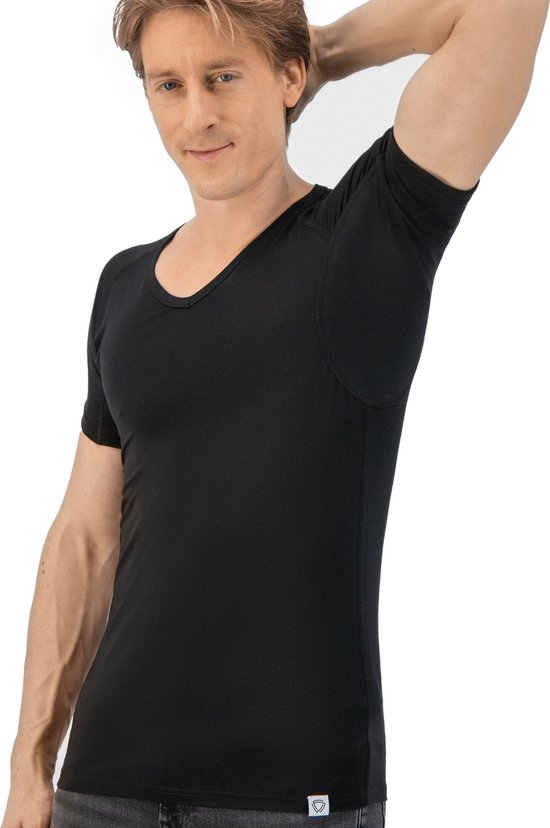 Anti Sweat Shirt - Fibershirts® - Eingenähte Achselpads - Unterhemd - Schwarz - V-Ausschnitt - Herren - Größe XL