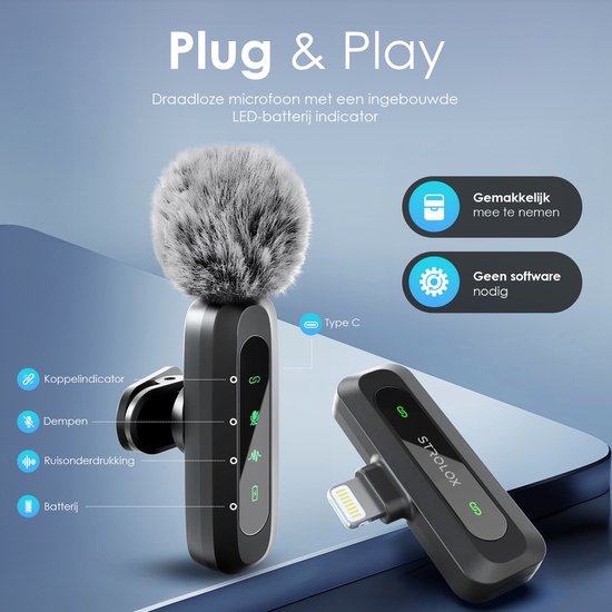 Strolox® Drahtloses Mikrofon Pro – 2 Stück – Lavalier – Windschutz – Anstecknadel – Langlebige Batterie – USB-C/Lightning – Plug & Play