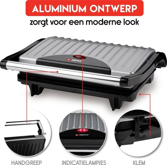alpina Kontaktgrill - Toastgerät - Antihaftbeschichtung - 700W - Edelstahl/Schwarz