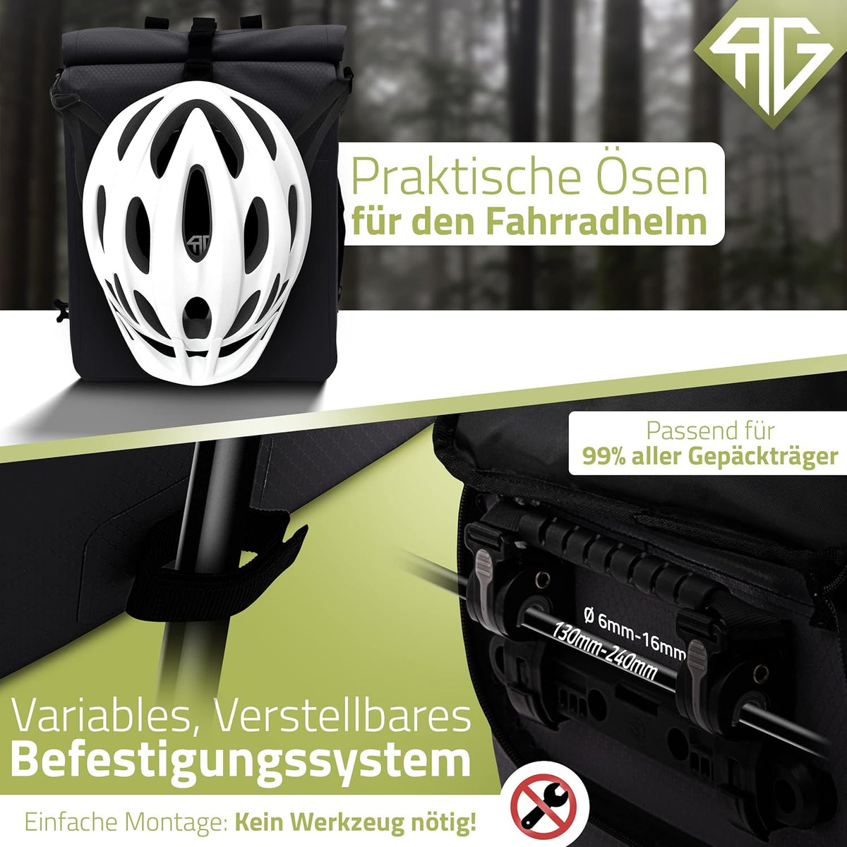 Radgeist 3-in-1-Fahrradtasche für den Gepäckträger – 25 Liter – Wasserdicht – Mit Laptopfach – Schwarz.
