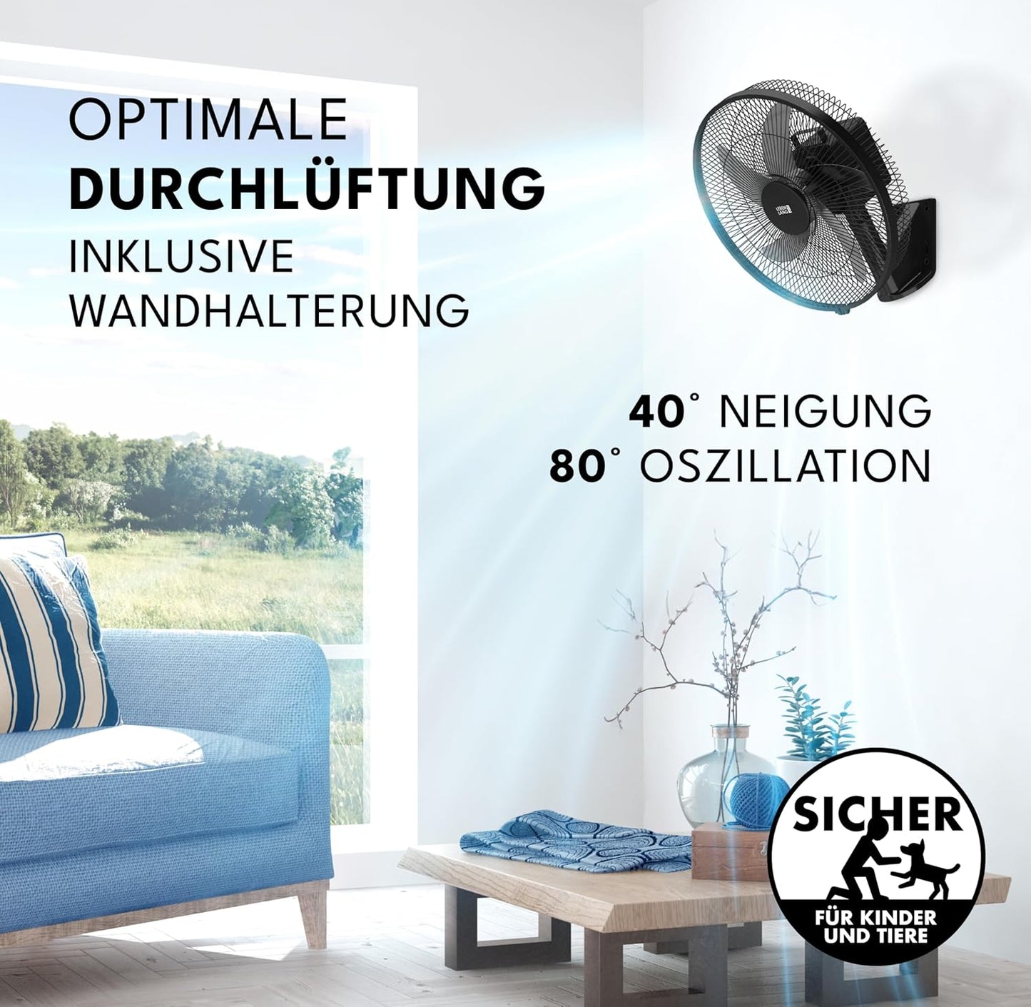 LEBENLANG Akku-Ventilator 35W - 3600 mAh - bis zu 45 Stunden Betriebsdauer - Ø 30 cm - Höhe 80-115 cm - Schwarz - Tragbarer 5-in-1 Ventilator mit Fernbedienung