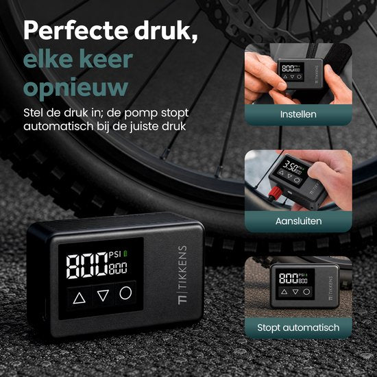 Tikkens® AirGo Elektrische Fahrradpumpe XS – Mini-Luftkompressor – 118 Gramm – Tragbar – Digitalanzeige – Rennrad – Gravelbike – Sportfahrrad – Citybike – Mountainbike – Roller – Fatbike – Über USB-C aufladbar – Presta/Schrader/Dunlop