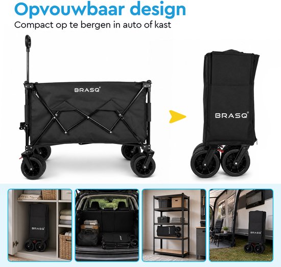 BRASQ Klappbarer Handwagen – 165 Liter – 100 kg Tragkraft – Schwenkbare Räder mit Bremse – 90 x 52 x 110 cm – Verstellbarer Griff – Zusammenklappbarer Handwagen – Schwarz
