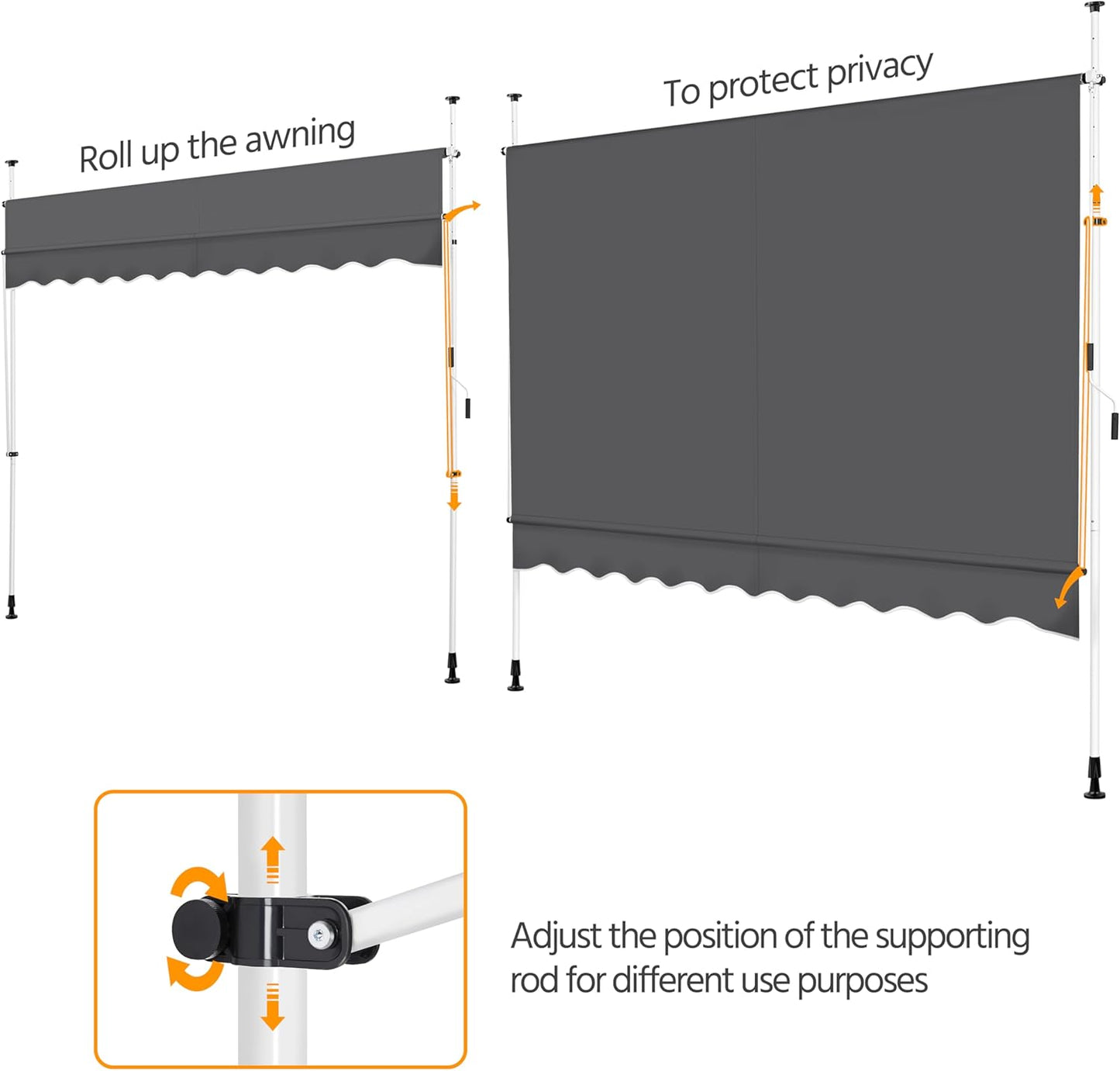 Yaheetech Sonnensegel mit Teleskoprahmen und Aufhängung – 300 x 120 cm – Höhenverstellbar 210–300 cm – UV-beständig – Grau