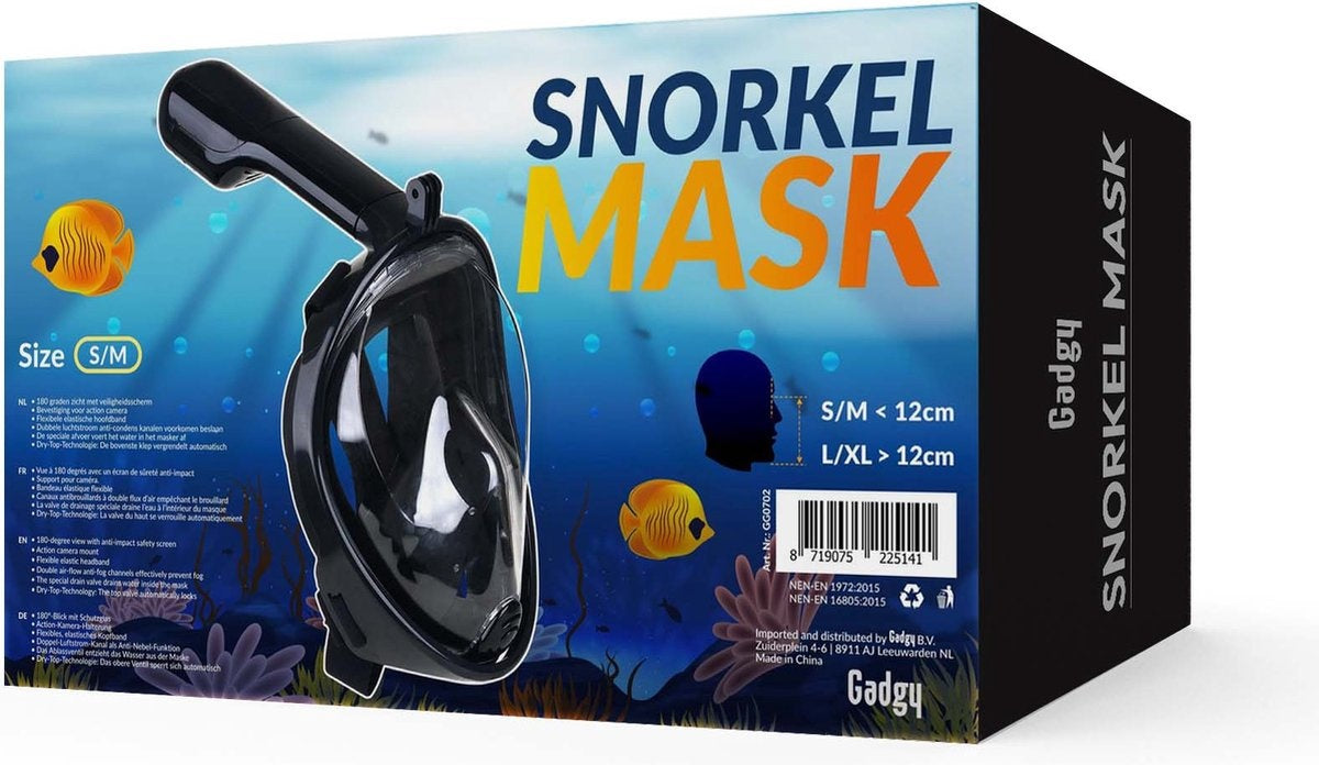 Gadgy Tauchmaske Full Face S/M - Taucherbrille mit Schnorchel - Schnorchelset Erwachsene - Schwarz - Schnorchelmasken