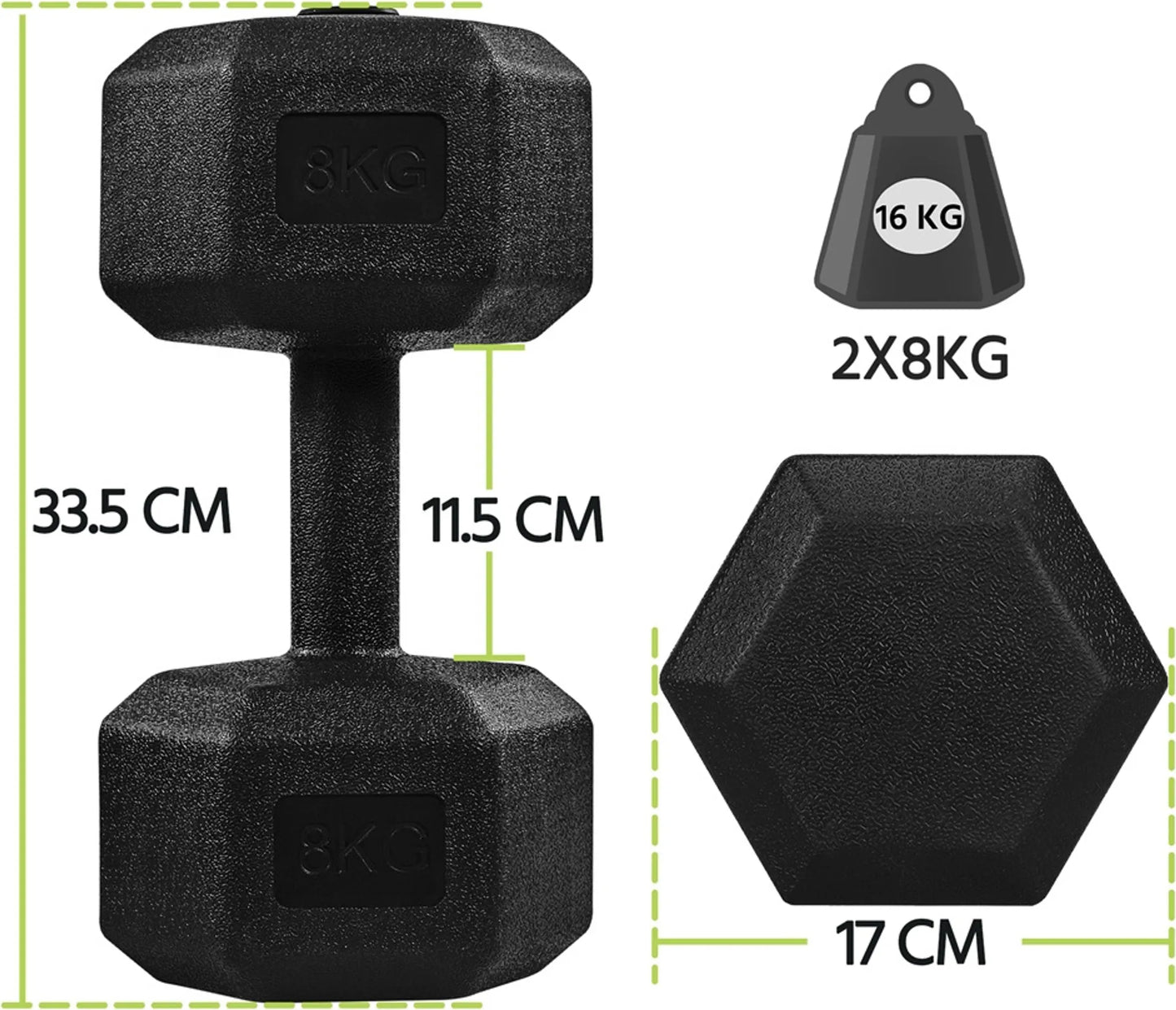 Yaheetech Hanteln Set von 2 x 8 kg - 33,5 x 17 x 15 cm - Features Hexagonal Kopf und Anti-Roll-Design und Kunststoffbeschichtung - für Krafttraining und Home Gym - Schwarz Kunststoff und Beton