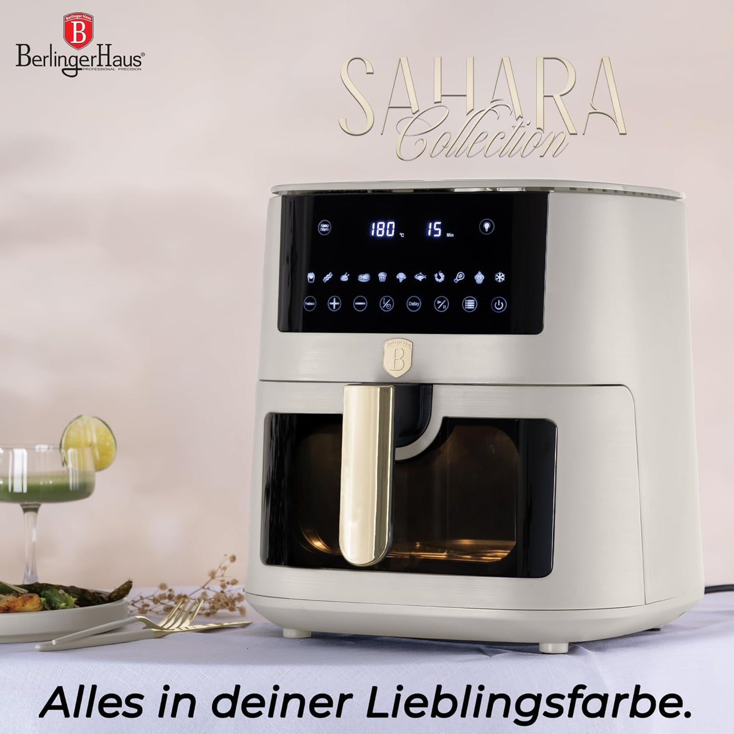 Berlinger Haus Heißluftfritteuse 8 Liter – Matt-Creme – Digitales Touch-Display – 1650 W – 33 x 36,5 x 36,5 cm
