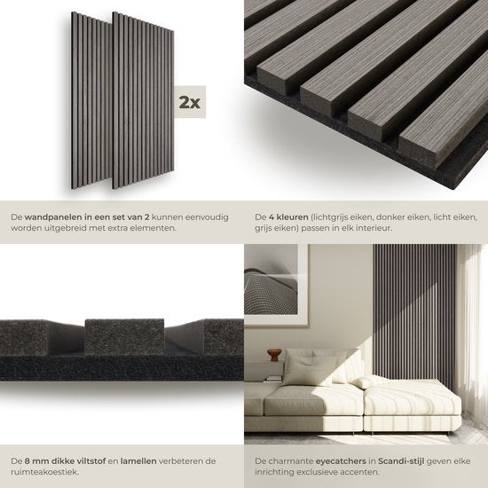 tectake® Akustikpaneele - 2er-Set - Akustik-Wandpaneele - 60 x 120 cm - 1,44 m² - Wandpaneele mit verstellbarer Größe - Lattenwand aus MDF und Holzfurnier - Schalldämmung - Stilvolle Wanddekoration - Einfache Montage - Eiche hellgrau
