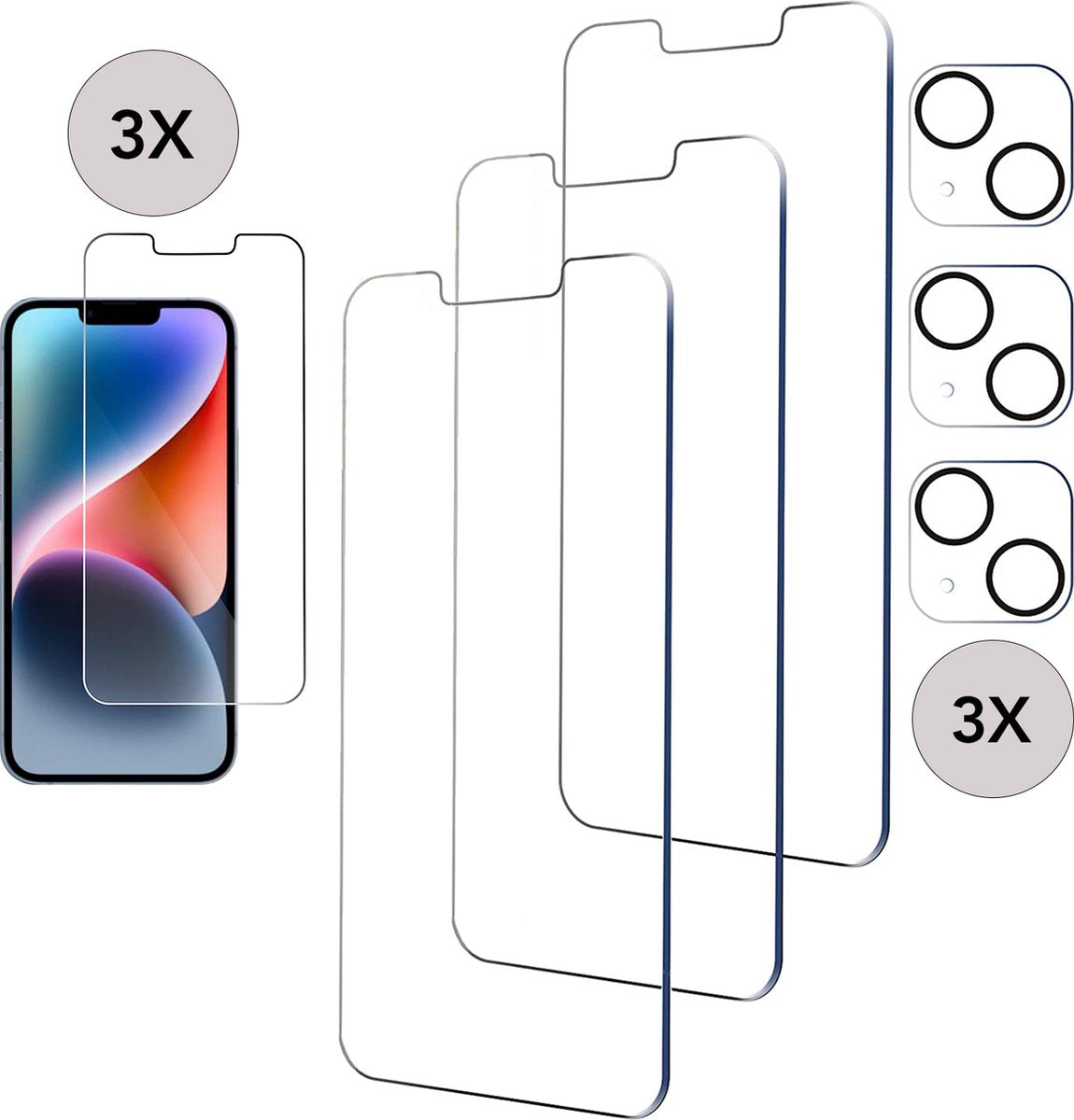 Podec 3x Displayschutzfolie und 3x Kameralinsenschutz - iPhone 14 - Transparent und kratzfest - gehärtete Glasabdeckung