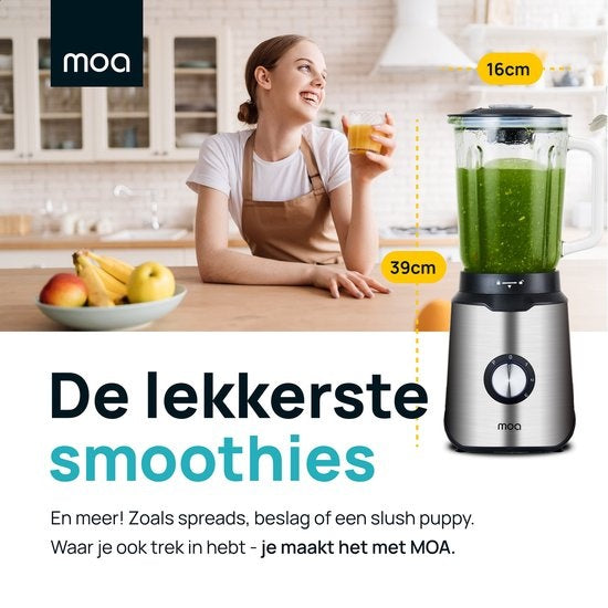 MOA - Leistungsstarker Mixer - Mit Glaskrug - 1,5 Liter - 1000 Watt - TB61 - Edelstahl