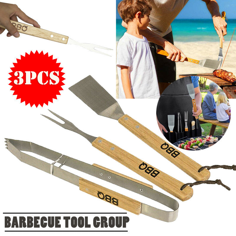 BBQ/Grillwerkzeug-Set 3-teilig mit Holzgriffen - Zange - Gabel - Spatel