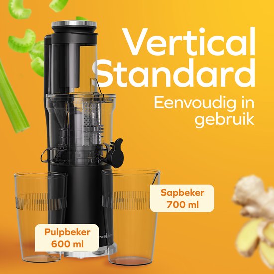 KitchenBrothers Slowjuicer - Vertikal - Gemüse- und Obstpresse - 80 mm - 750 ml - Schwarz