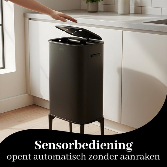 Bayt Mülleimer auf Beinen - Mülleimer 60 Liter Müllsäcke - Mülleimer mit Sensor - Mülleimer - Abfallbehälter - Edelstahl - Schwarz - 53L