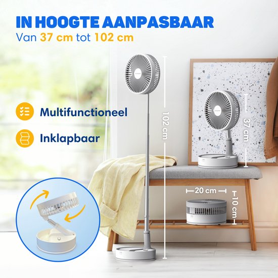 Vulpes Goods® Tech Wireless Tripod Fan - 4-in-1 wiederaufladbarer Ventilator - Leise & einstellbar - PRO Version - Weiß