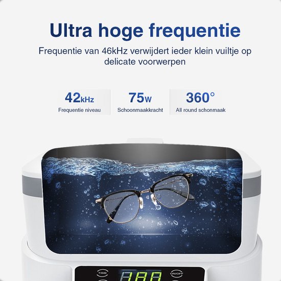 Samako Ultraschallreiniger PowerWave - Reinigungsgerät - Ultraschallbad - Gläser - Schmuck - Uhren - Make-up Pinsel - 1200 ml