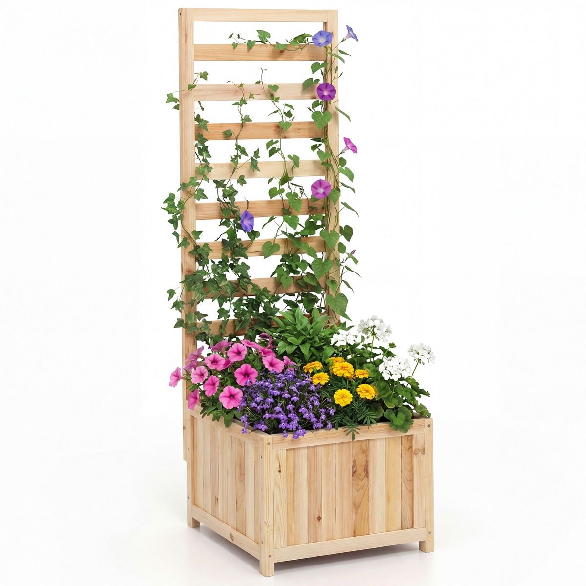 Coast Hochbeet aus Holz mit Klettergitter – mit Abflusslöchern – verstellbare Seitenteile – naturfarben – 123 cm