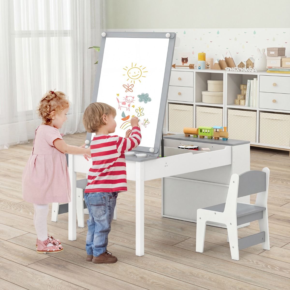 Coast Kinder-Tisch- und Stuhlset – 2-in-1-Zeichentisch mit Stauraum und Papierrolle – grau