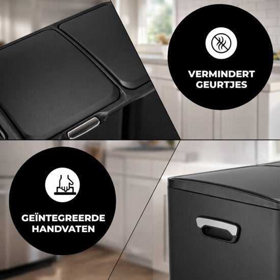 Bayt Mülleimer - Mülleimer 60 Liter - Mülleimer 60 Liter - Treteimer 60 Liter - Mülleimer Mülltrennung - Mülleimer 3 Fächer - Mülleimer - Edelstahl - Schwarz
