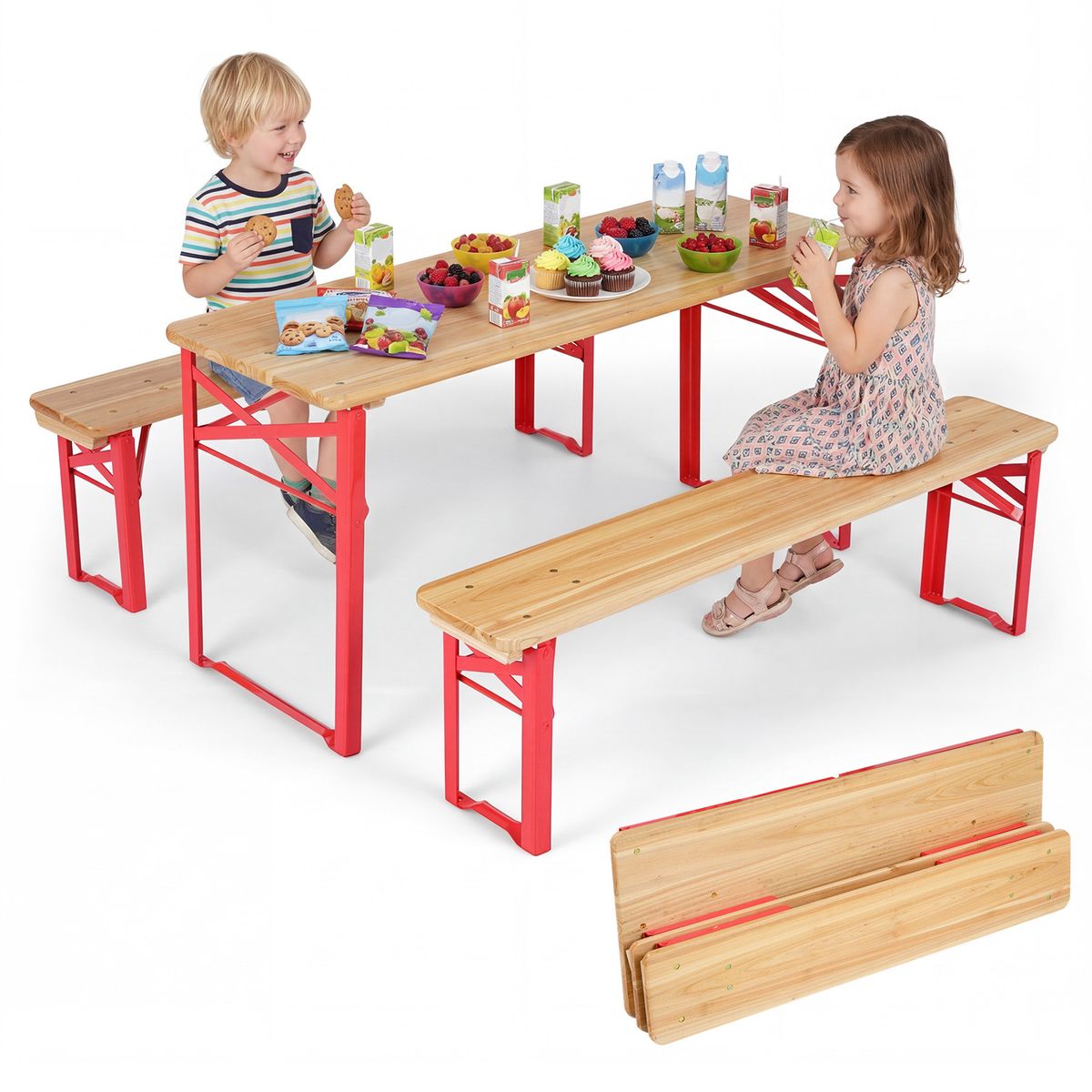 Coast Kinder-Picknick-Set – klappbarer Picknicktisch mit 2 Bänken – Fichtenholz und Metall – rot