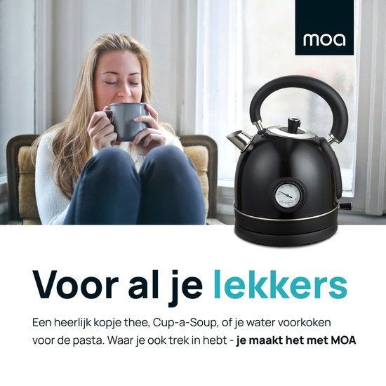 MOA Wasserkocher Retro - 2200 Watt - 1,8 Liter - Edelstahl - BPA-frei - Elektrisch - Schwarz - EK3TB