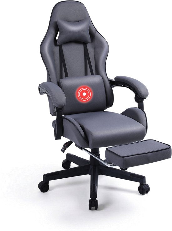 VDD – Gaming-Stuhl mit Fußstütze – gepolsterte Armlehnen – höhenverstellbar – Massagekissen – grau