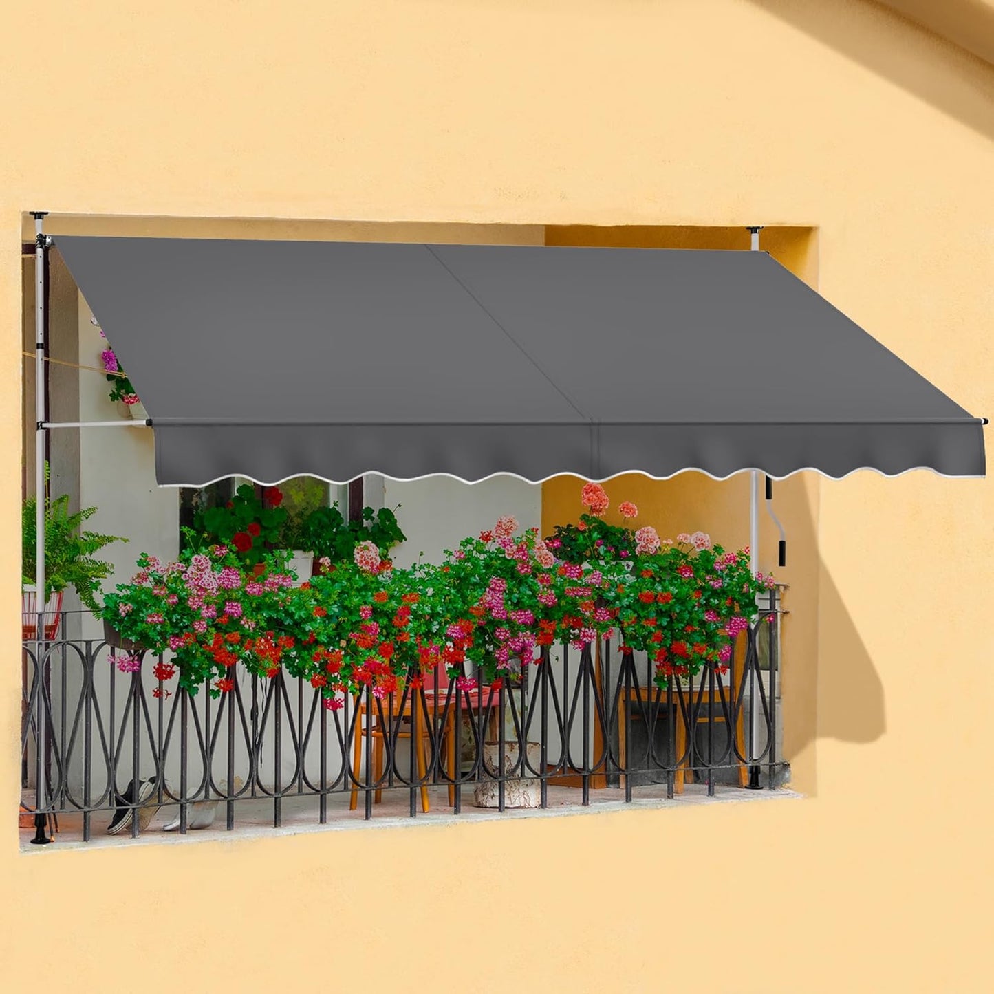 Yaheetech Sonnensegel mit Teleskoprahmen und Aufhängung – 300 x 120 cm – Höhenverstellbar 210–300 cm – UV-beständig – Grau