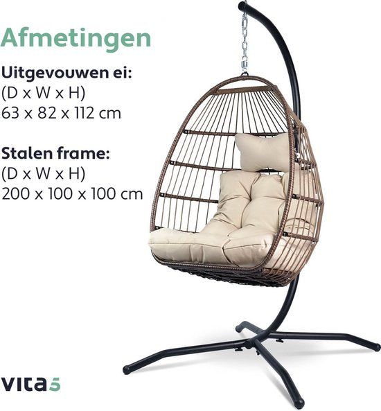 Vita5 - Hängesessel - für drinnen und draußen - bis zu 150kg - faltbar - inkl. Ständer, Kissen & Schutzhülle - Cremeweiß