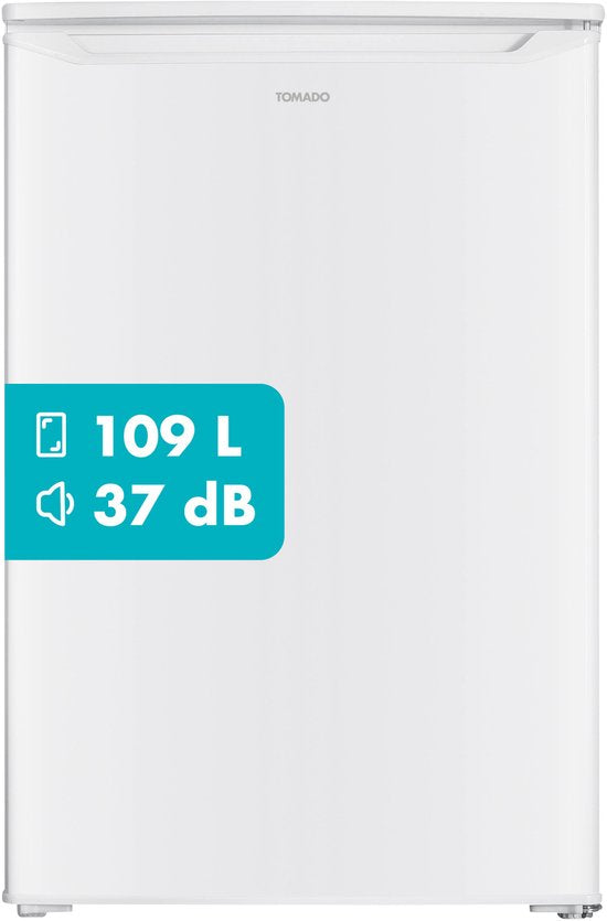 Tomado TRT5501W Tischkühlschrank, energieeffizient – 109 Liter – Mit Gefrierfach – 55 cm breit – Leise: 37 dB – LED-Beleuchtung – Energieeffizienzklasse C – Freistehend – Weiß