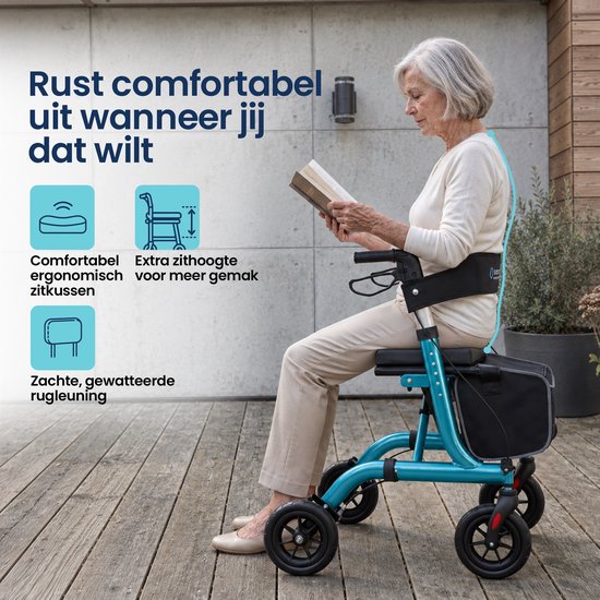 TrueSafe Rollator, leicht und zusammenklappbar (6,9 kg) – Für drinnen und draußen – Inkl. ergonomischem Sitzkissen, Beleuchtung, Rückenlehne, Gehstockhalterung und mehr – Blau