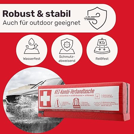 Auto-Kombi-Tasche (3 in 1) nach aktueller Norm 2026 - inkl. Warndreieck, Warnweste - Verbandskasten Warndreieck-Set Auto-Verbandskasten DIN 13164:2022 (nach deutschem Verkehrsrecht)