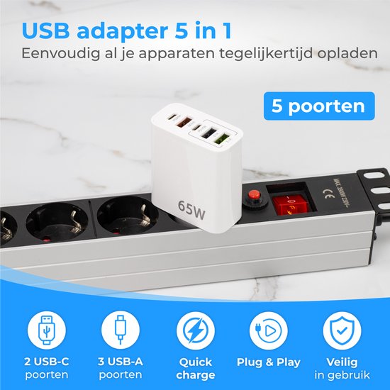 Nuvance - USB-Adapter - 5 Ports - USB-Stecker - USB-Ladegerät - Geeignet für jedes USB-Kabel - Weiß