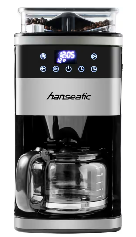 Hanseatic Kaffeemaschine mit Mahlwerk HCMG105015SD – Schwarz/Silber – 21 x 31 x 42 cm – 1,5 l, 12 Tassen