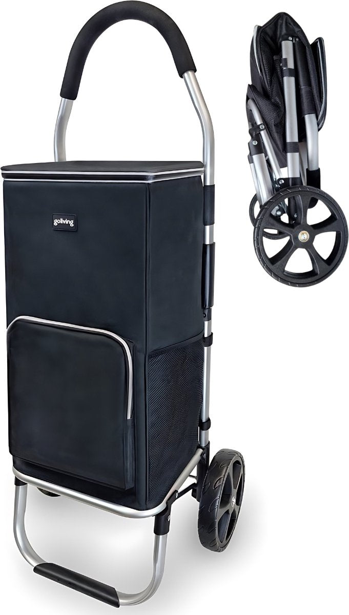 Goliving Einkaufswagen - Einkaufswagen mit Seitentaschen und Kühlfach - Zusammenklappbar - Wetterfest - Rostfreies Aluminium - Einkaufswagen mit Rollen - 50L - Schwarz