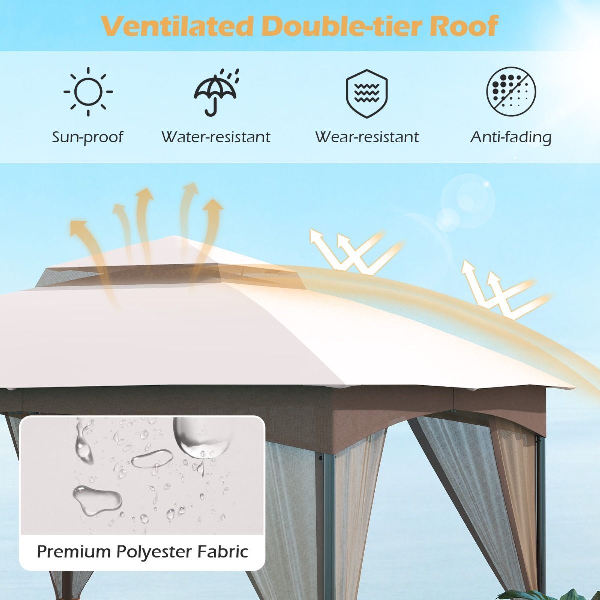 Coast Gartenpavillon – Doppeldach – Moskitonetz und Sandsäcke – Khaki 3 x 3 m