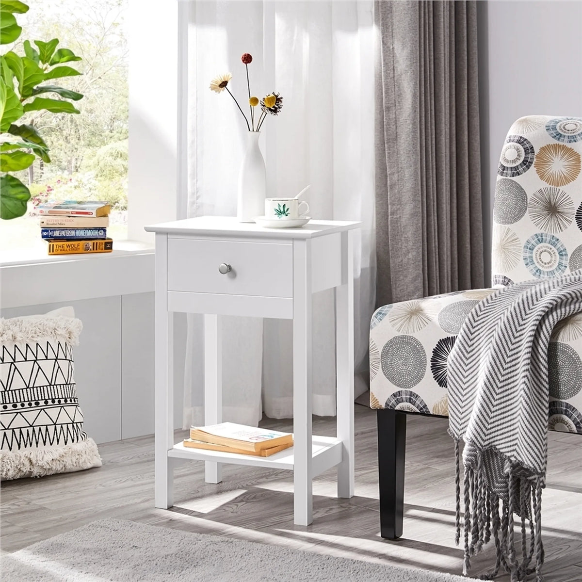 Yaheetech Stilvoller Nachttisch mit Schublade und Einlegeboden 40 x 30 x 61 cm – Zeitloses Weiß – MDF