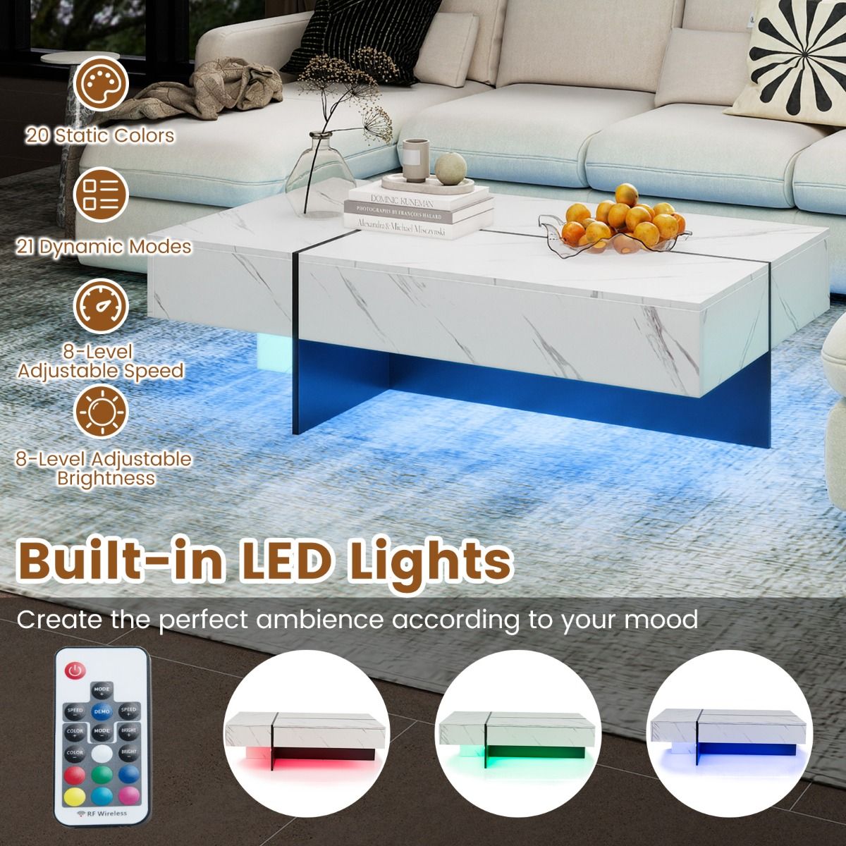 Coast Couchtisch mit LED-Beleuchtung – 3 Schubladen – Hochglanz – weiß – 120 x 70 x 35 cm