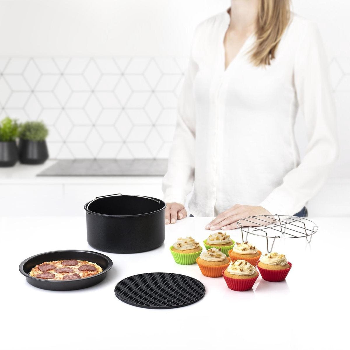 Princess 182012 Airfryer Accessory Set 10-teilig - Zubehör für Heißluftfritteuse - Grillrost - Pizzapfanne - Muffin-Set - Backblech - Untersetzer aus Silikon