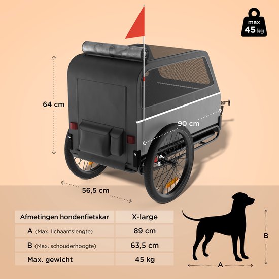 TrevoPet® Dog Bike Trailer XL - Klappbarer Fahrradanhänger Hund - Hundeanhänger mit Rampe, Federungssystem & Wetterschutz - Geeignet für E-Bikes - 45 kg - Grau